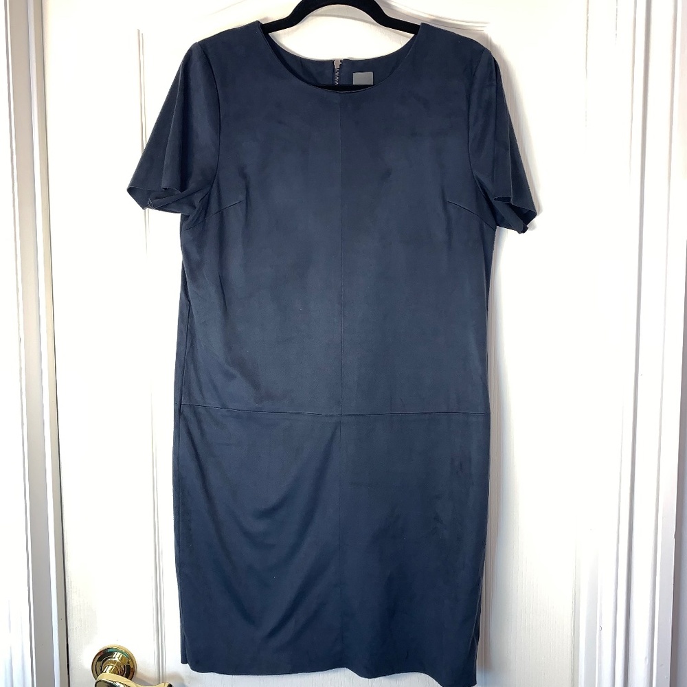 ICHI Navy Faux Suede Shift Dress EU 36 (XS) Minimalist Short Sleeve Office Chic